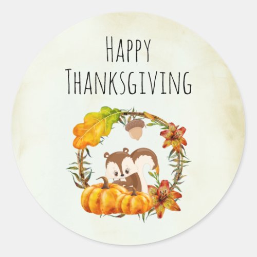 Happy Thanksgiving Squirrel and Pumpkins Rustic Classic Round Sticker