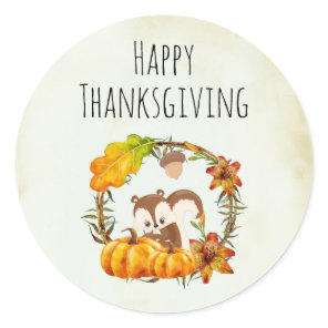 Happy Thanksgiving Squirrel and Pumpkins Rustic Classic Round Sticker