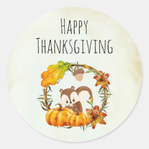 Happy Thanksgiving Squirrel and Pumpkins Rustic Classic Round Sticker