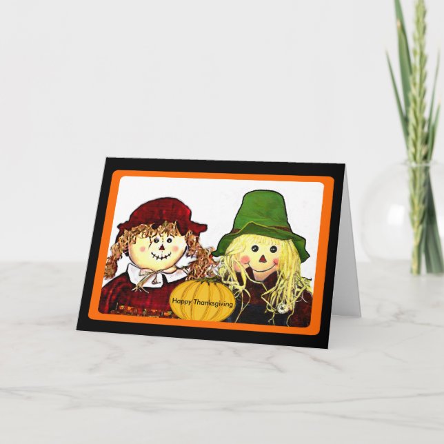 Happy Thanksgiving Strawgirl & Strawboy Wishes Holiday Card (Front)