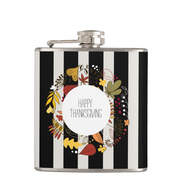 Happy Thanksgiving Stripes And Wreath Flask (Front)