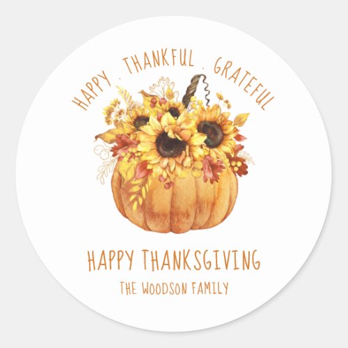 Happy Thanksgiving Sunflowers Pumpkin Classic Round Sticker