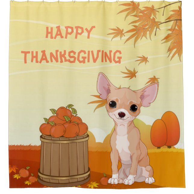 Happy Thanksgiving Tan Chihuahua Shower Curtain (Front)