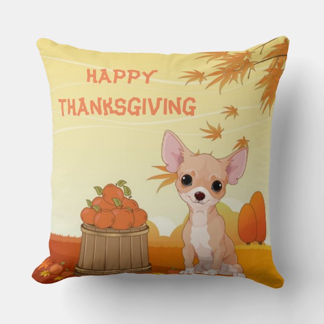 Happy Thanksgiving Tan Chihuahua Throw Pillow (Front)