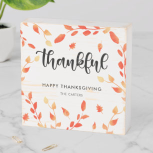 Happy Thanksgiving Thankful Elegant Fall Leaves Wooden Box Sign