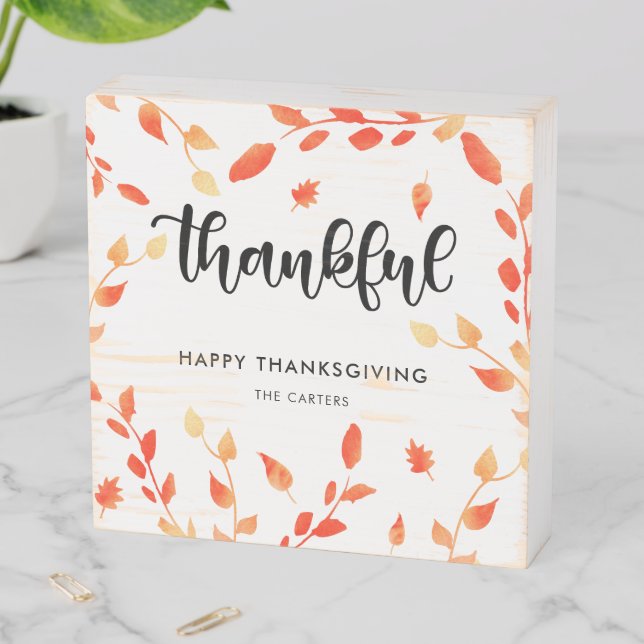 Happy Thanksgiving Thankful Elegant Fall Leaves Wooden Box Sign (In Situ Horizontal)