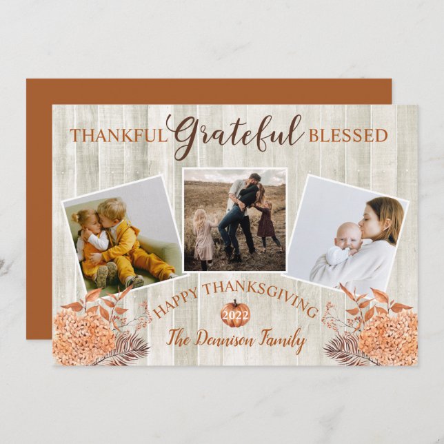 Happy Thanksgiving Thankful Grateful Blessed Photo Holiday Card (Front/Back)