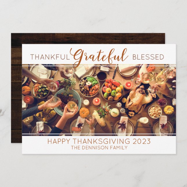 Happy Thanksgiving Thankful Grateful Blessed Photo Holiday Card (Front/Back)