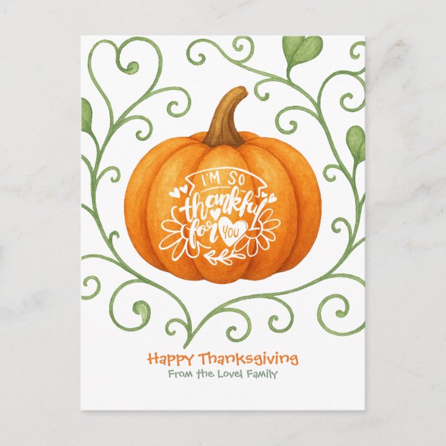Happy Thanksgiving Thankful Scroll Pumpkin  Holiday Postcard (Front)