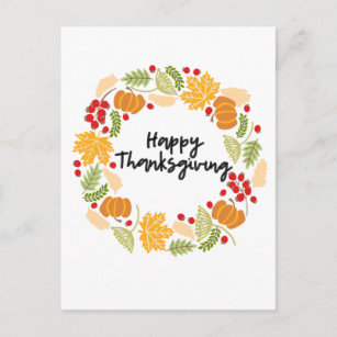 HAPPY THANKSGIVING, Thanksgiving Wreath, Cute Holiday Postcard
