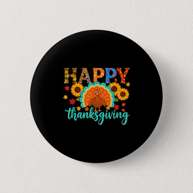 Happy Thanksgiving Turkey &amp; Sunflower, Thanksg Button (Front)