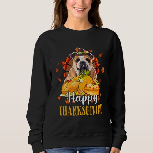 Happy Thanksgiving Turkey Bulldog Wearing Hat Fall Sweatshirt