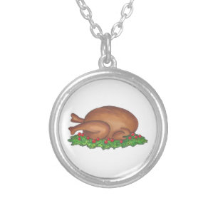 Happy Thanksgiving Turkey Day Dinner Platter Silver Plated Necklace