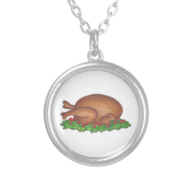 Happy Thanksgiving Turkey Day Dinner Platter Silver Plated Necklace (Front)