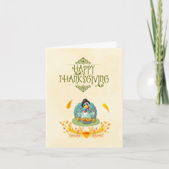 Happy Thanksgiving Turkey Eating Pumpkin Pie Holiday Card (Front)