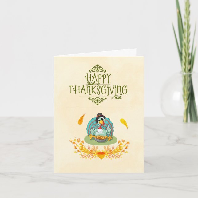 Happy Thanksgiving Turkey Eating Pumpkin Pie Holiday Card (Front)