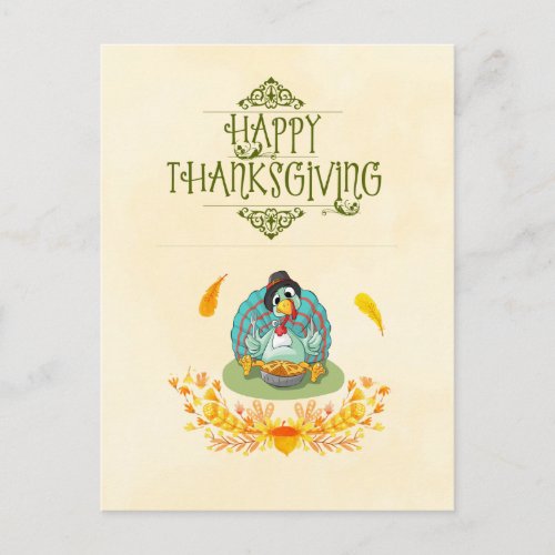 Happy Thanksgiving Turkey Eating Pumpkin Pie Holiday Postcard