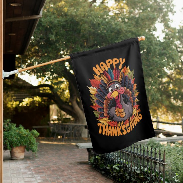 Happy Thanksgiving Turkey Family Fall House Flag (In SItu)