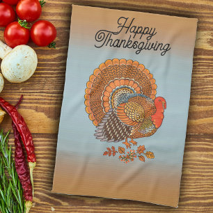 Happy Thanksgiving Turkey fanned Tail Orange Blue Kitchen Towel
