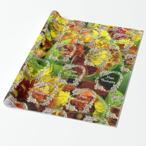 Happy Thanksgiving Turkey Floral Autumn Flowers Wrapping Paper