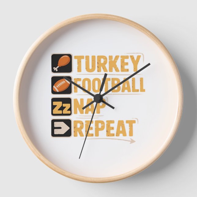 Happy Thanksgiving Turkey Football Nap Repeat Funn Clock (Front)