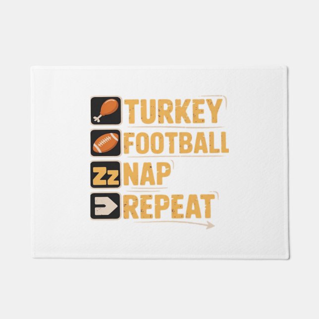 Happy Thanksgiving Turkey Football Nap Repeat Funn Doormat (Front)