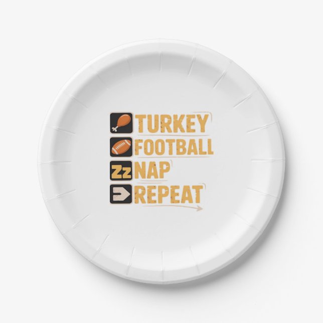 Happy Thanksgiving Turkey Football Nap Repeat Funn Paper Plates (Front)