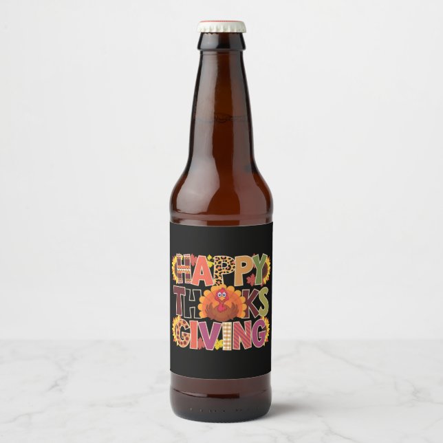 Happy Thanksgiving Turkey Funny Pumpkin Season Beer Bottle Label (Front)
