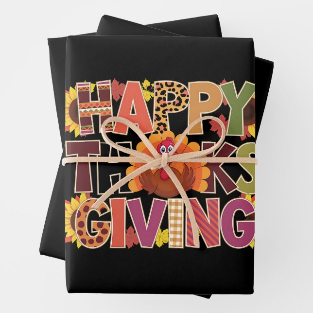 Happy Thanksgiving Turkey Funny Pumpkin Season Wrapping Paper Sheets (In situ)
