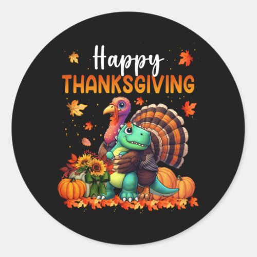 Happy Thanksgiving Turkey Hugging Dinosaur Friends Classic Round Sticker