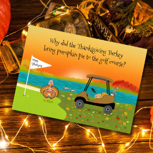 Happy Thanksgiving Turkey on Golf Course With Pie Card