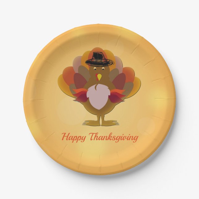 Happy Thanksgiving Turkey Orange Paper Plates (Front)
