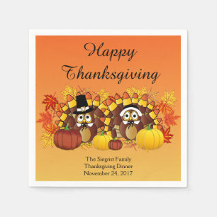 Happy Thanksgiving Turkey Owl Pilgrims Paper Napkins