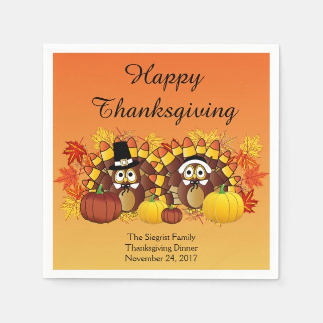 Happy Thanksgiving Turkey Owl Pilgrims Paper Napkins (Front)