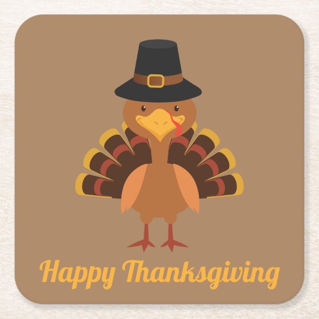 Happy Thanksgiving Turkey Personalized Square Paper Coaster (Front)