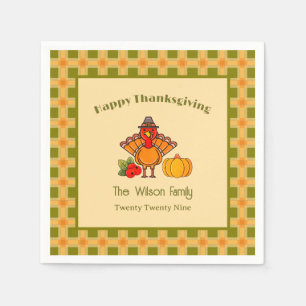 Happy Thanksgiving Turkey Pumpkin Gingham Pattern Napkins