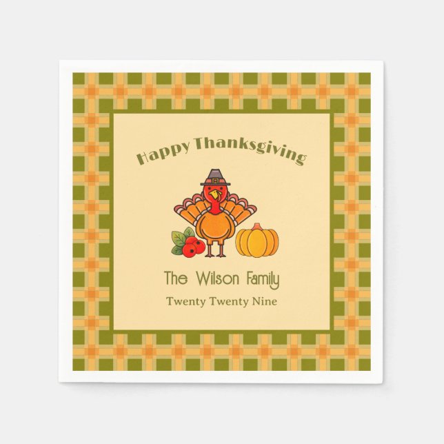 Happy Thanksgiving Turkey Pumpkin Gingham Pattern  Napkins (Front)