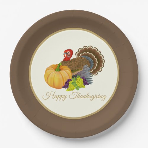 Happy Thanksgiving Turkey Pumpkin Grapes Paper Plates