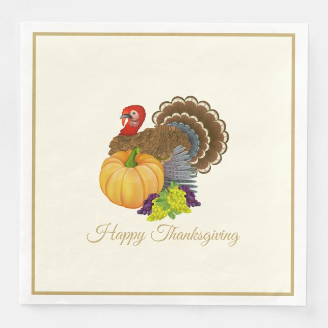 Happy Thanksgiving Turkey Pumpkin Grapes Party Paper Dinner Napkins (Front)