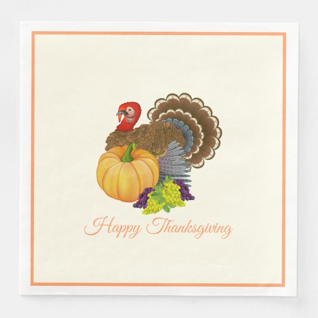 Happy Thanksgiving Turkey Pumpkin Grapes Party Paper Dinner Napkins (Front)
