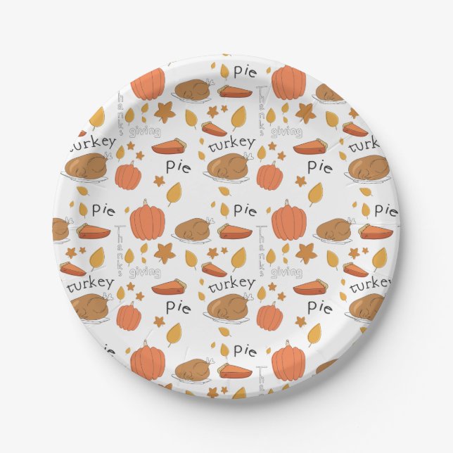 Happy Thanksgiving Turkey & Pumpkin Pie Paper Plates (Front)