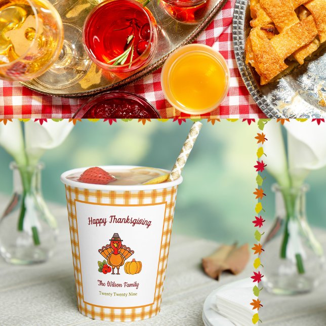 Happy Thanksgiving Turkey Pumpkin  Yellow Plaid  Paper Cups (Creator Uploaded)