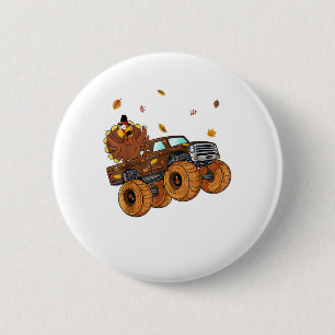 Happy Thanksgiving Turkey Riding Monster Truck Boy Button
