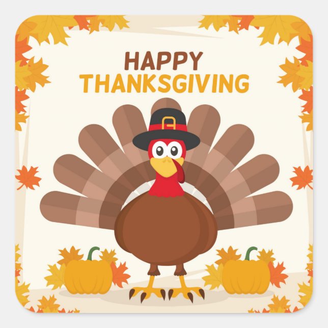 Happy Thanksgiving Turkey Square Sticker (Front)