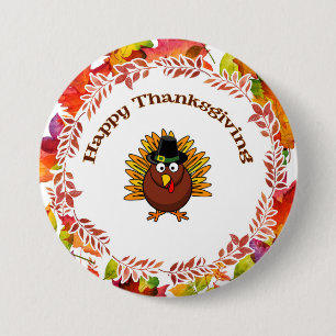 Happy Thanksgiving Turkey surrounded Fall Leaves Button