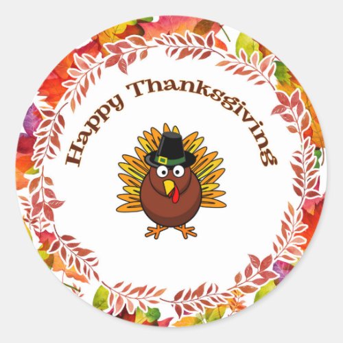 Happy Thanksgiving Turkey surrounded Fall Leaves Classic Round Sticker