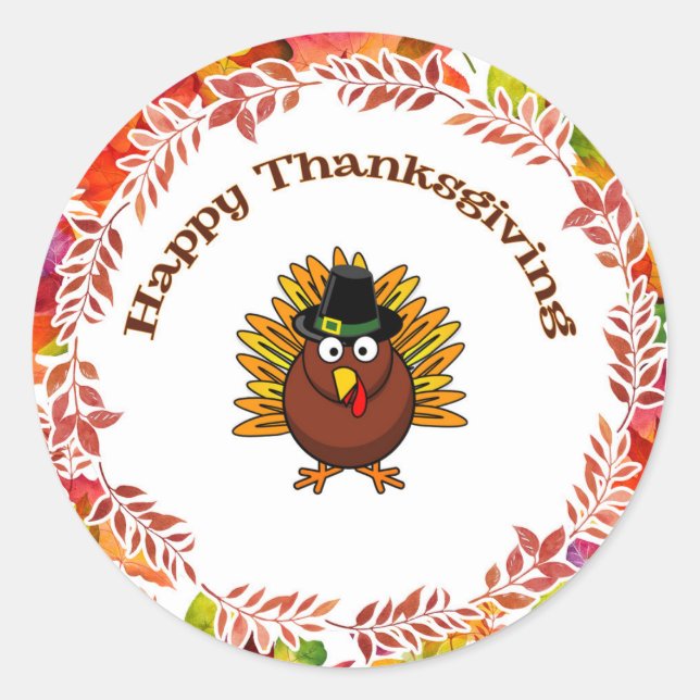 Happy Thanksgiving Turkey surrounded Fall Leaves Classic Round Sticker (Front)