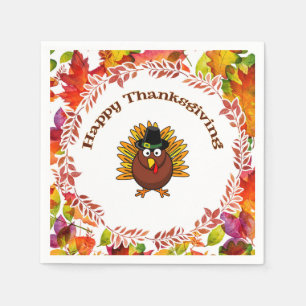 Happy Thanksgiving Turkey surrounded Fall Leaves Napkins
