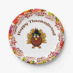 Happy Thanksgiving Turkey surrounded Fall Leaves Paper Plates