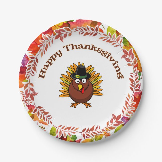 Happy Thanksgiving Turkey surrounded Fall Leaves   Paper Plates (Front)
